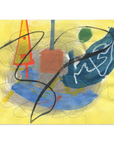 An abstract painting featuring a bright yellow background with expressive gestural marks in black, blue, teal, red, orange, and white.