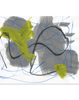 Abstract artwork against a white background and large grey splotches with interconnecting black and blue lines. Green brushstrokes are added haphazardly for effect