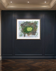 Abstract gestural artwork set against a dark grey/blue background wall with a beige sidewall and candle sconces on walls