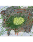 Grey abstract with forest green, red linework against a white/grey background with various numbers and the word "curious" towards the bottom right hand corner