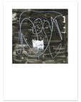 An abstract art print featuring gestural white and light blue paint strokes over a textured dark gray and black background, presented with a wide white border.