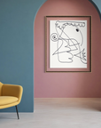 Colorful seating area with a yellow chair and lamp in a blue walled room. Abstract wall art in back hallway with a pink wall