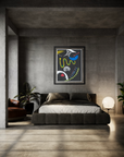 Modern bedroom with a bed, abstract wall art, and a lamp.