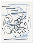 An abstract art print featuring black hand-drawn scribbles and lines over a light blue and blue-gray background on an off-white canvas.