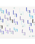 An abstract art print featuring a grid of hand-drawn, textured geometric shapes in shades of purple, blue, black, and light blue on a white background.