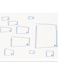 An abstract art print featuring hand-drawn light blue rectangular boxes with small blue dots on a white background.