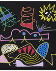 Abstract colorful line art illustration on a black background, featuring whimsical shapes including a yellow sun, green and purple fish-like forms, a pink wavy line with blue dots, and a large yellow-and-blue patterned abstract figure at the bottom.