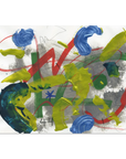 Abstract expressionist painting with bold brushstrokes in blue, yellow-green, red, green, and gray on a white canvas.