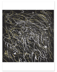 An abstract art print featuring chaotic, energetic scribbled lines in white and pale yellow on a solid black square, presented with a wide white border.