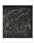 An abstract art print featuring chaotic, scribbled lines in white and lime green on a black background, presented with a wide white border.