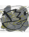 Abstract canvas art print featuring expressive black and olive green brushstrokes and scribbled lines over a textured gray and white background.