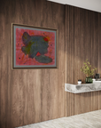Paneled wood entryway featuring an abstract salmon colored painting and a shelf with books, greenery and candles.