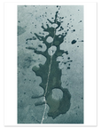 An abstract art print featuring a dark green ink splatter and drip pattern on a textured, desaturated teal-gray background, presented with a white border.