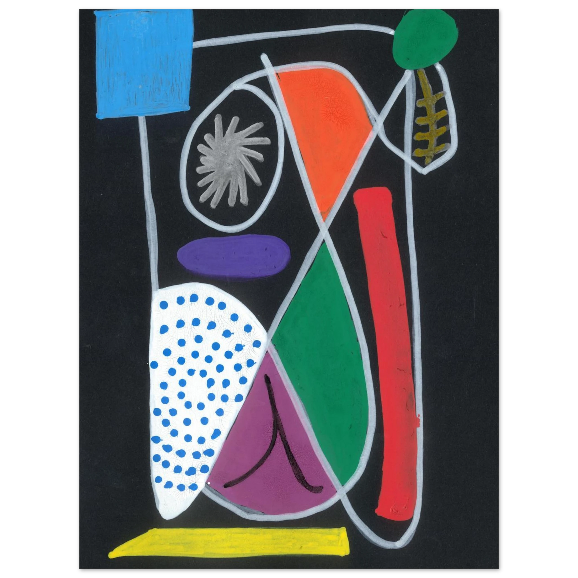 Abstract artwork with colorful shapes on a black background