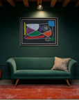 Modern living room with a green sofa, colorful abstract painting, and bookshelf.