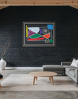 Modern living room with a black brick wall, abstract painting, and furniture.
