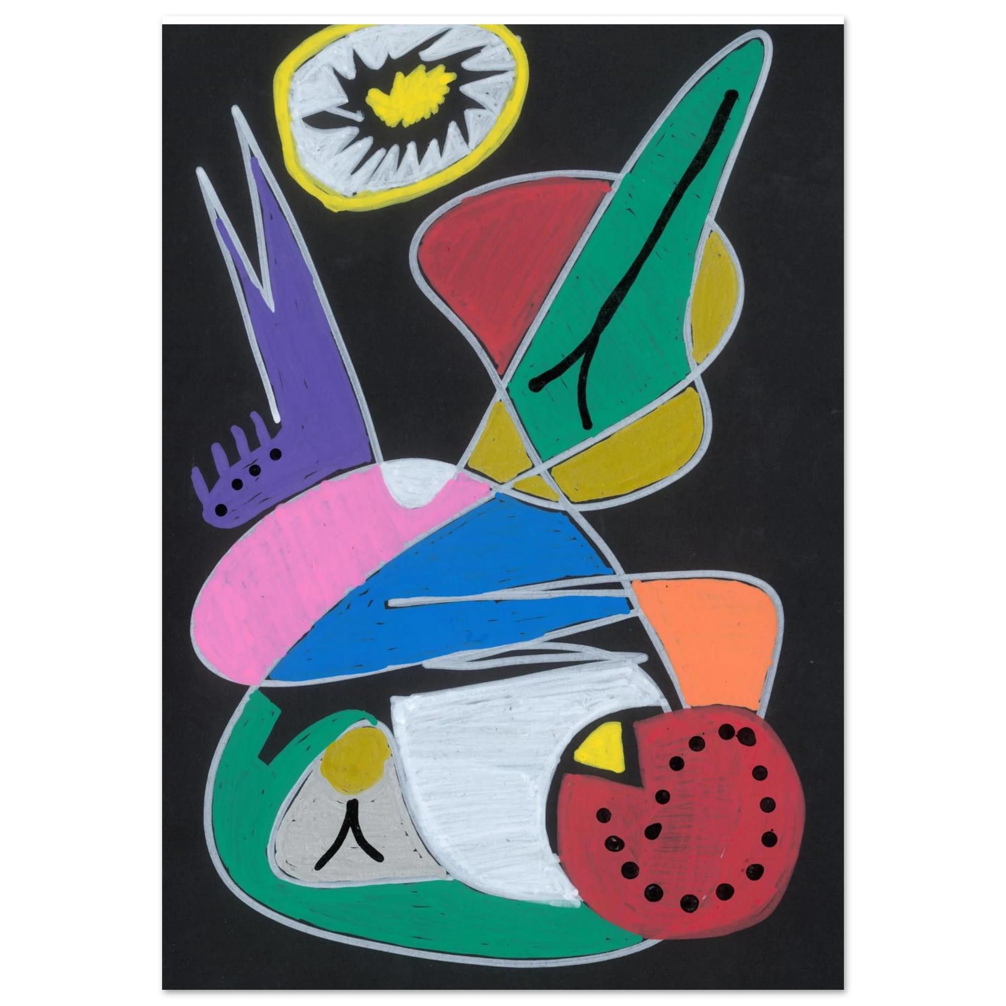 Abstract artwork with colorful shapes and patterns on a black background