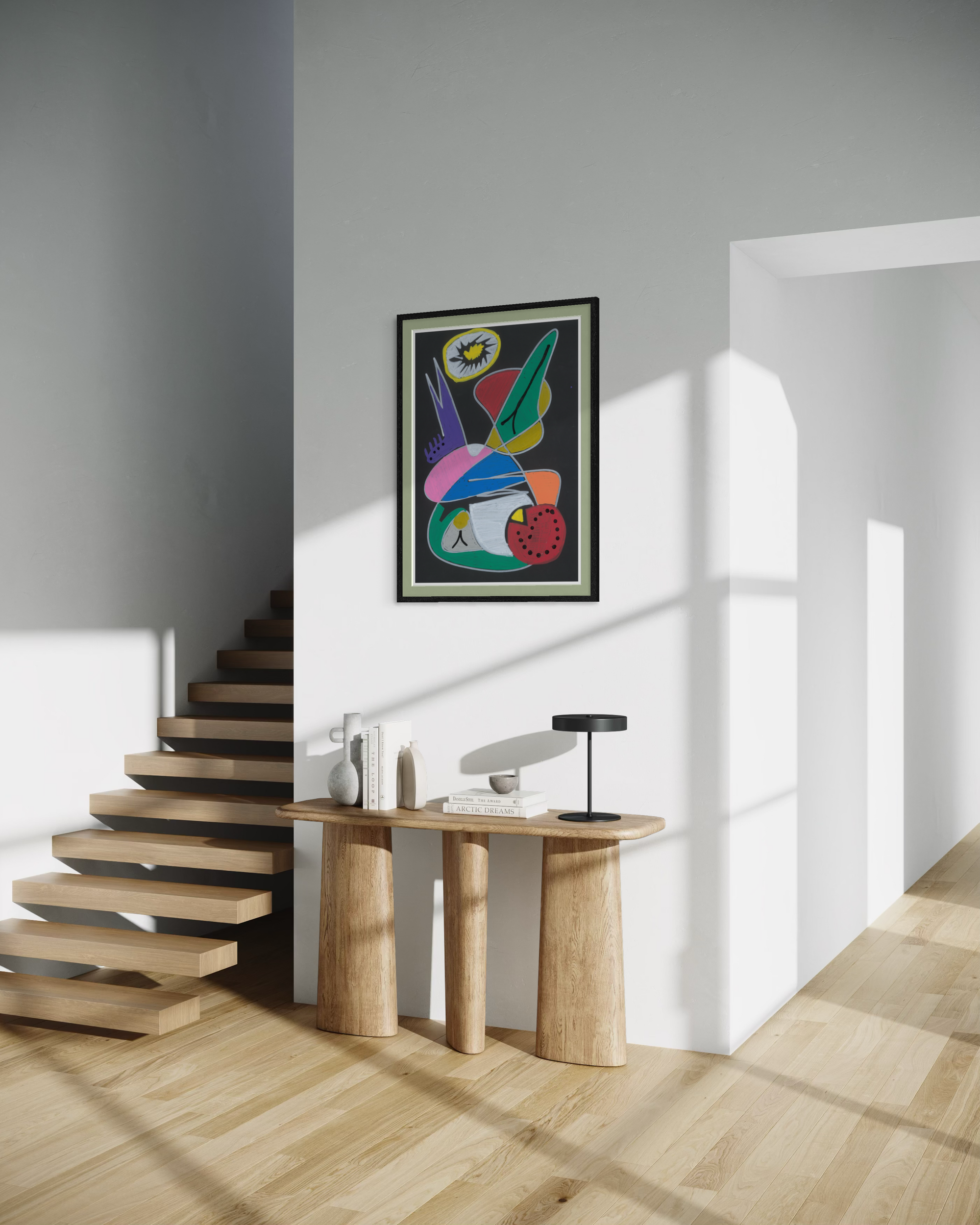 Modern interior with a staircase, wooden table, and colorful abstract painting on a white wall.
