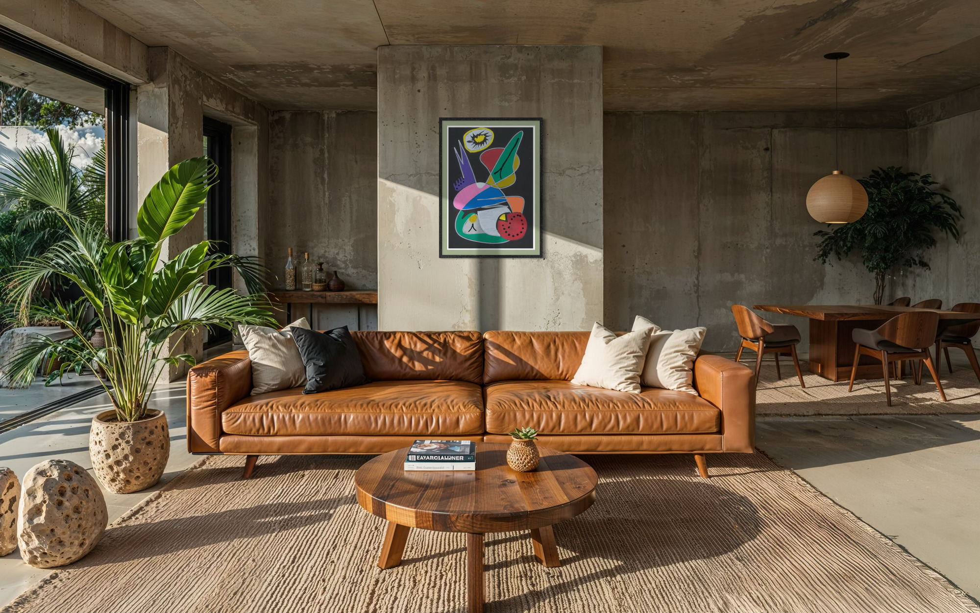 Modern living room with brown leather sofa, wooden coffee table, and colorful abstract painting on concrete wall.