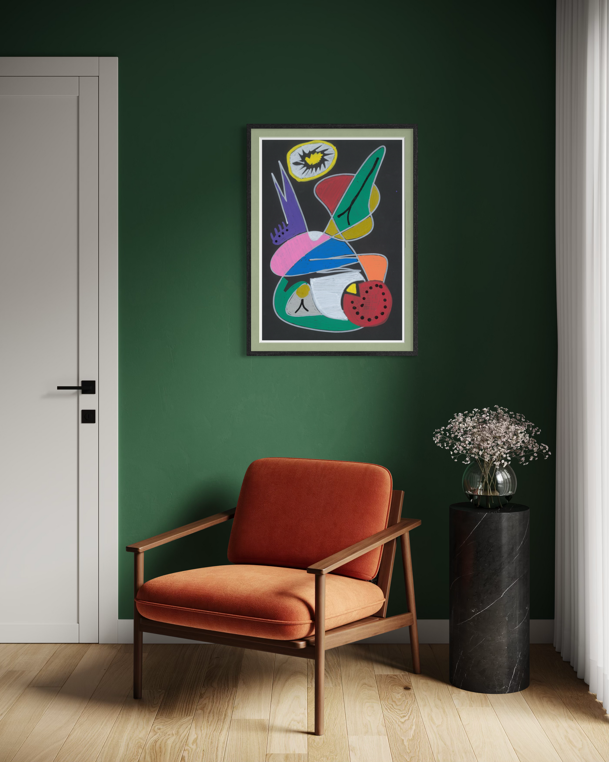 Modern interior with a colorful abstract painting on a green wall, an orange armchair, and a black side table with flowers.