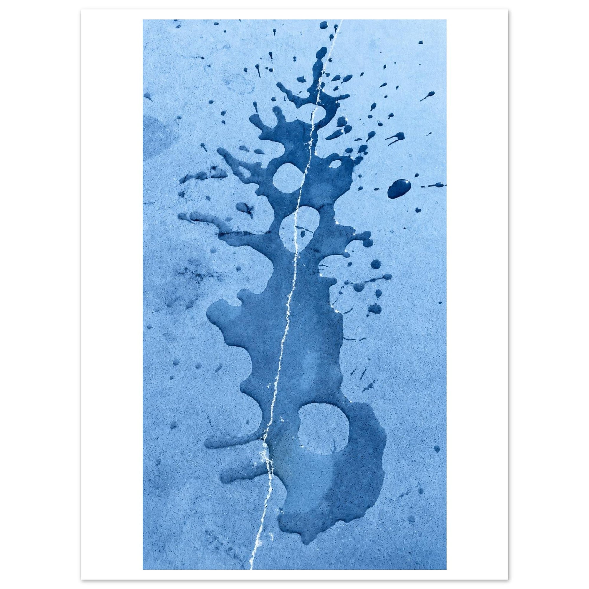 An abstract art print featuring a vertical blue ink splatter design on a textured light blue background, presented with a white border.
