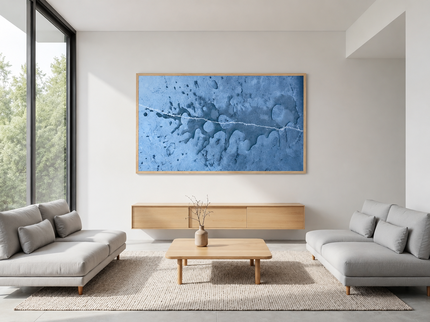 A large framed abstract blue painting hangs on a white wall in a modern living room with two light gray sofas, a wooden coffee table, and a woven rug.