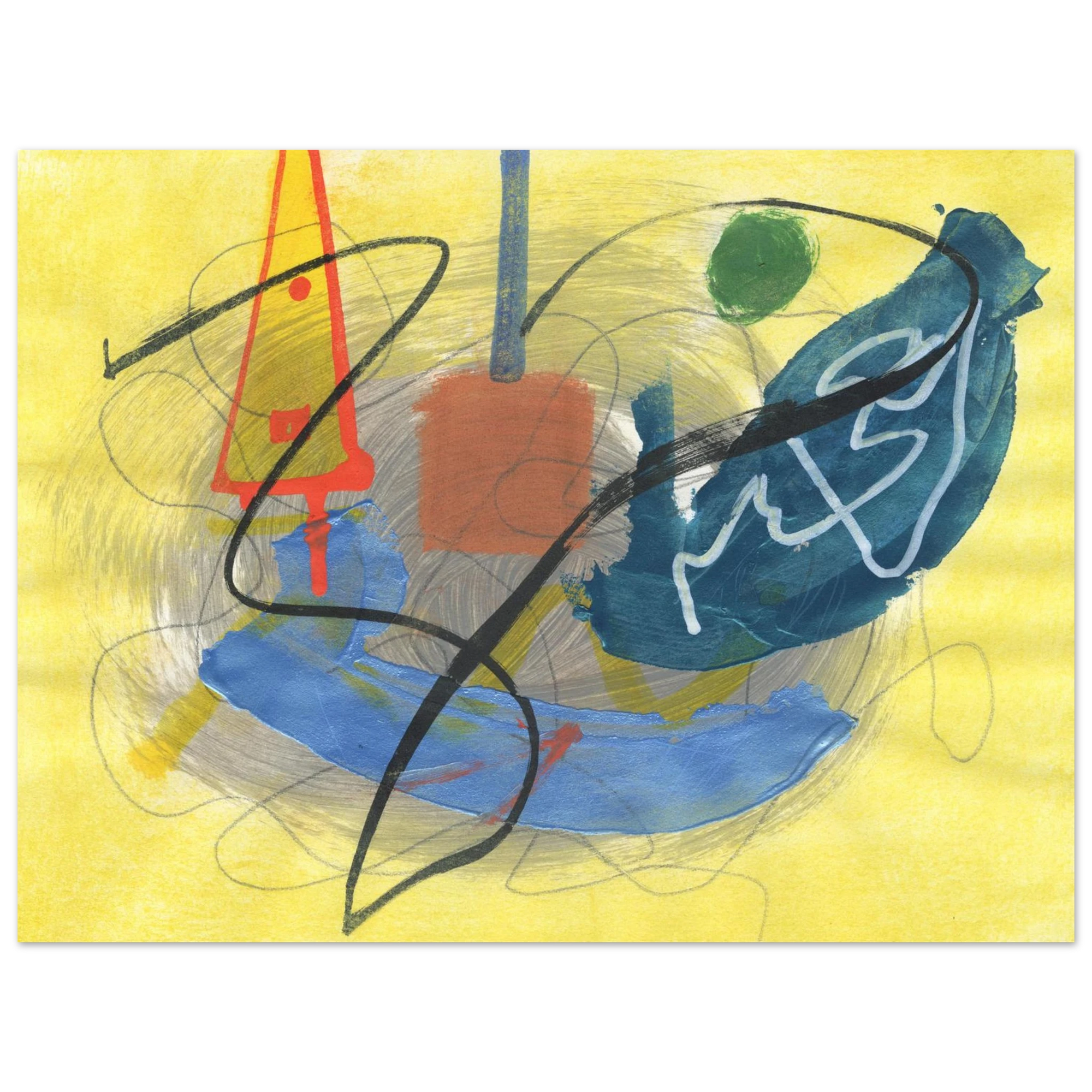 An abstract painting featuring a bright yellow background with expressive gestural marks in black, blue, teal, red, orange, and white.