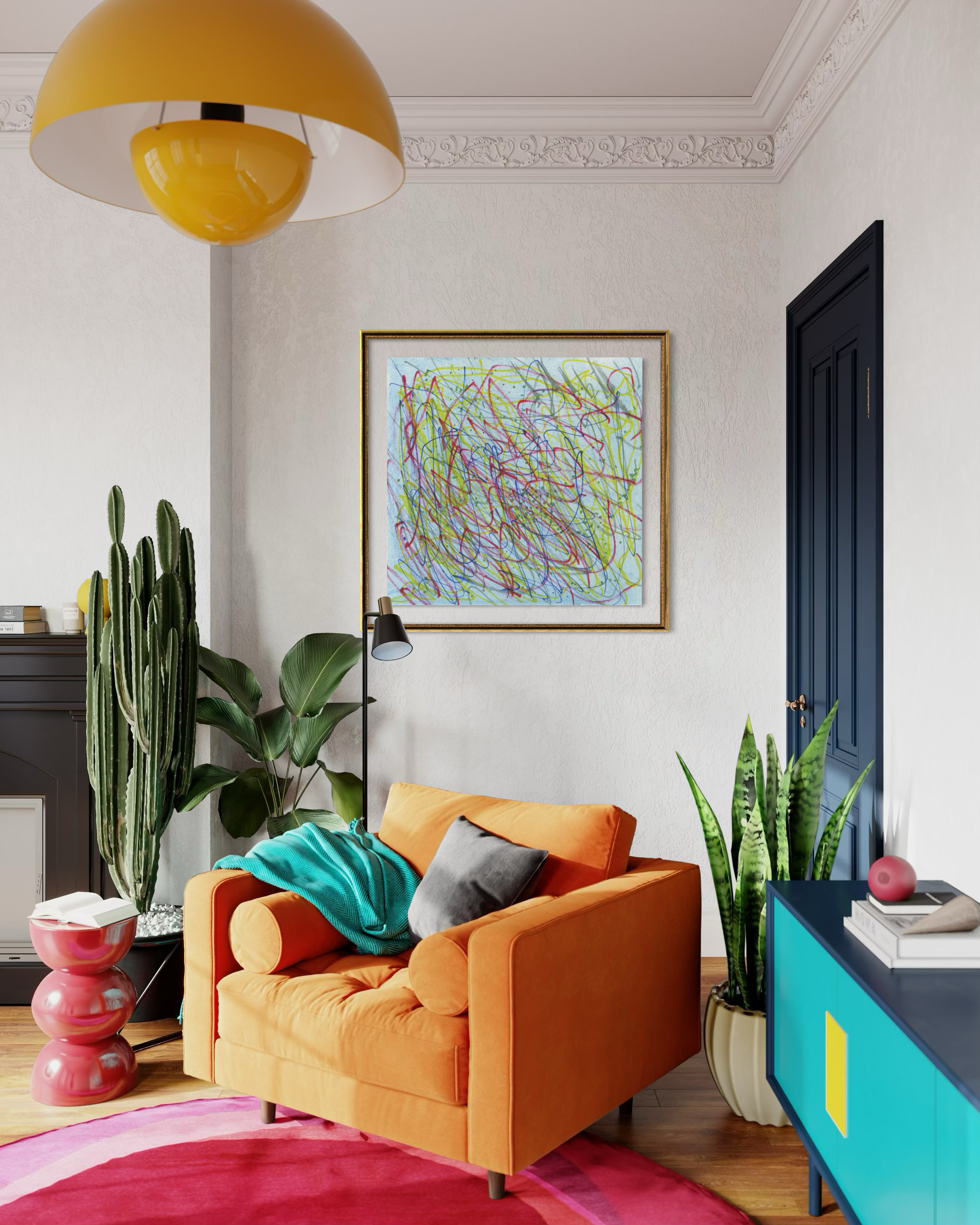 A cozy living room corner featuring a bright orange armchair with a teal throw blanket, a colorful abstract line art print on the wall, a large yellow pendant light, and potted plants.