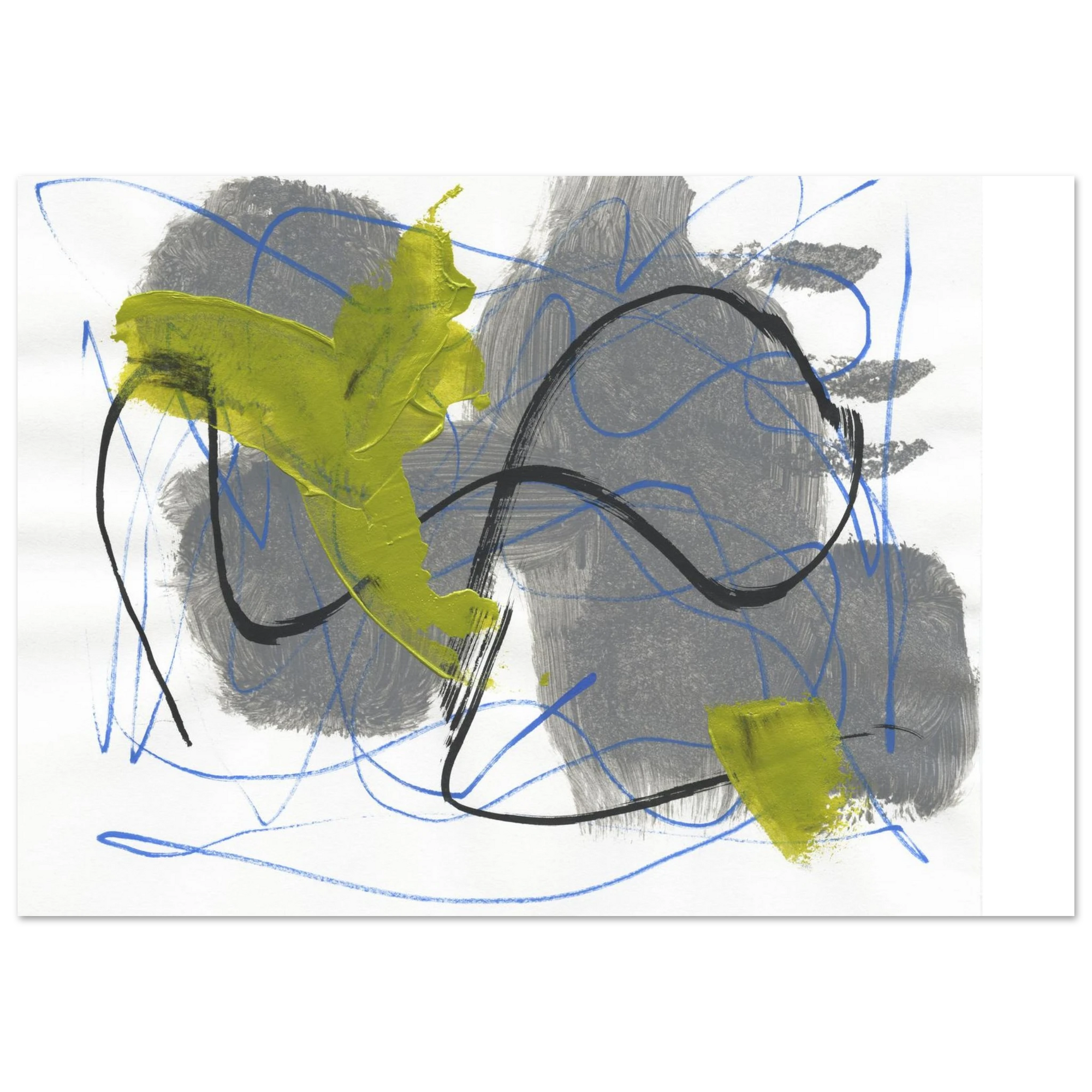 Abstract artwork against a white background and large grey splotches with interconnecting black and blue lines.  Green brushstrokes are added haphazardly for effect