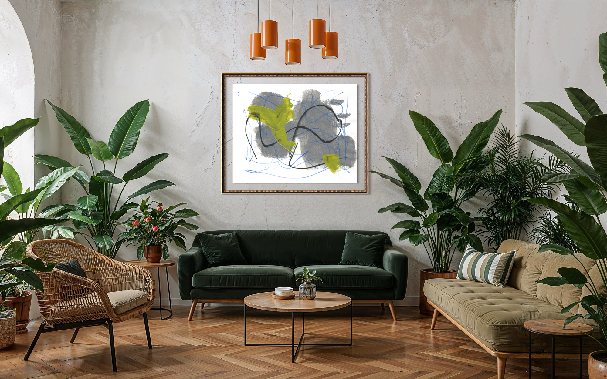 A framed abstract art print featuring gray, black, and lime green shapes, displayed on a textured white wall in a modern living room setting with a green sofa, plants, and wooden flooring.