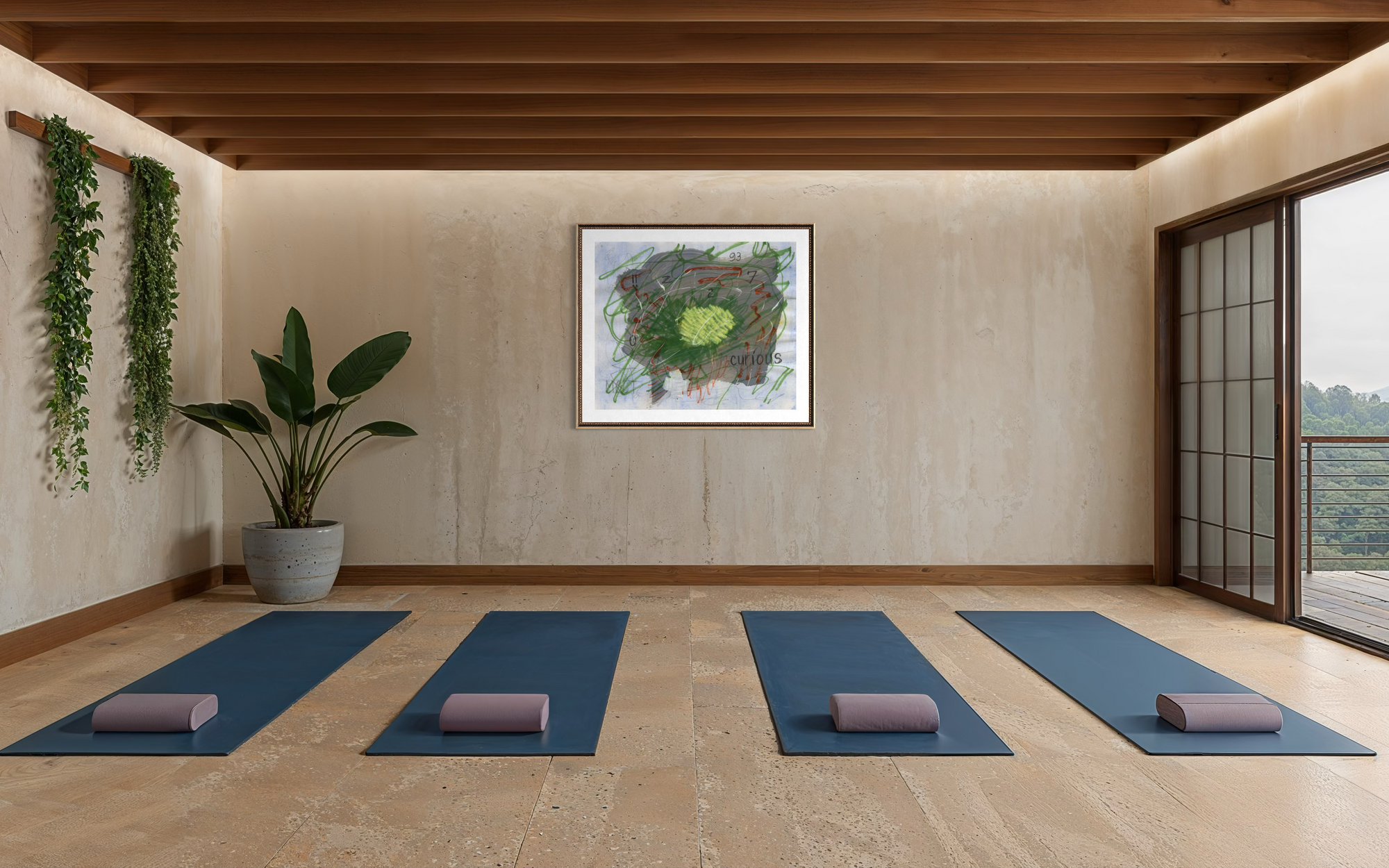 A serene indoor yoga or meditation room with four blue mats arranged on a wooden floor, each with a purple cushion. A large potted plant stands against the left wall, and a framed abstract artwork hangs centered above the mats.