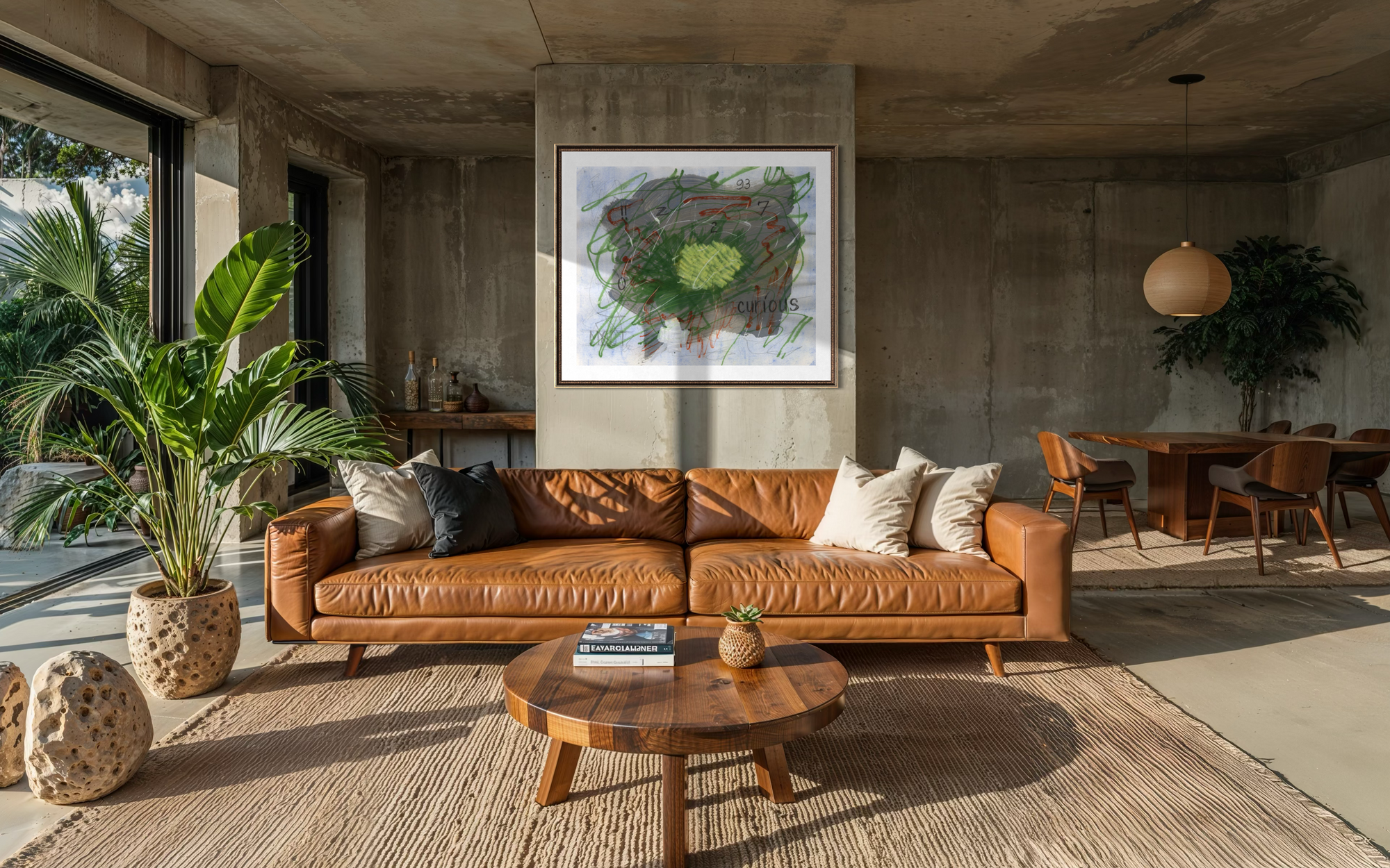 A modern living room featuring a tan leather sofa with decorative throw pillows, set on a woven jute rug in front of a concrete wall with a framed abstract painting. A round wooden coffee table sits in the foreground, flanked by potted plants, and a dining area is visible in the background.