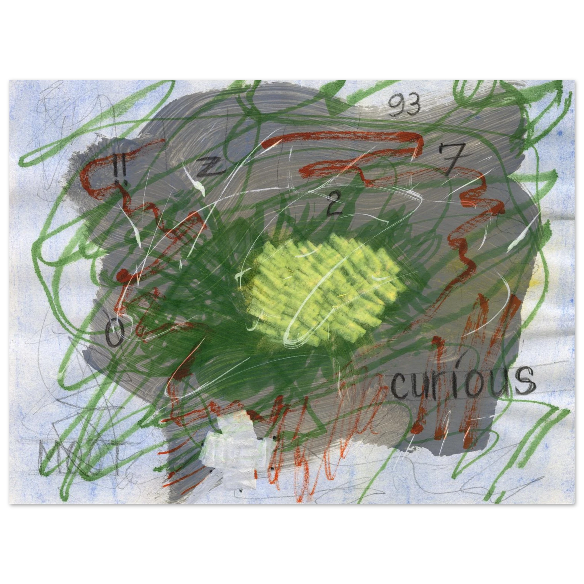 Grey abstract with forest green, red linework against a white/grey background with various numbers and the word "curious" towards the bottom right hand corner