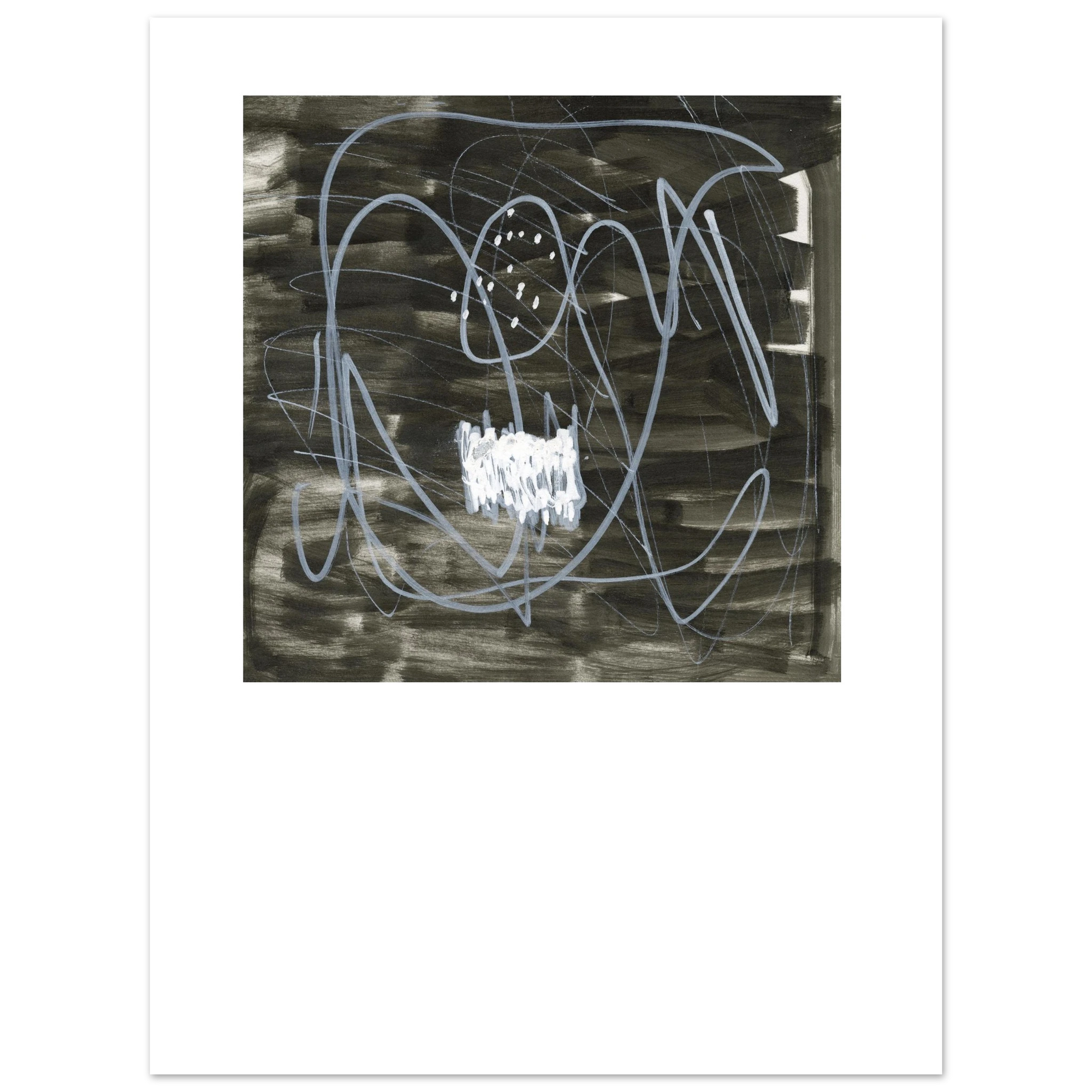An abstract art print featuring gestural white and light blue paint strokes over a textured dark gray and black background, presented with a wide white border.