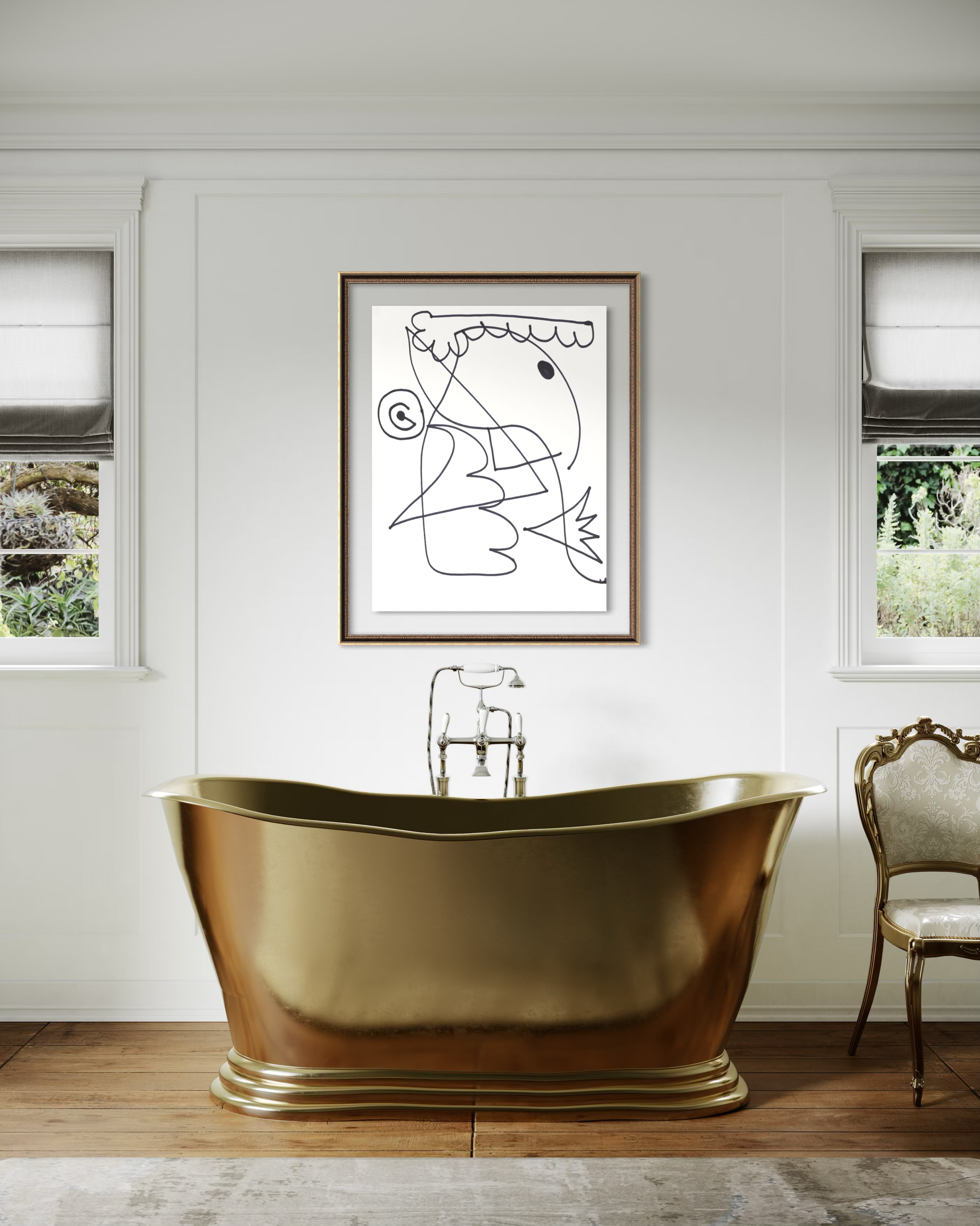 Brass bathtub with a chair in a well lit room and an abstract piece of arton wall