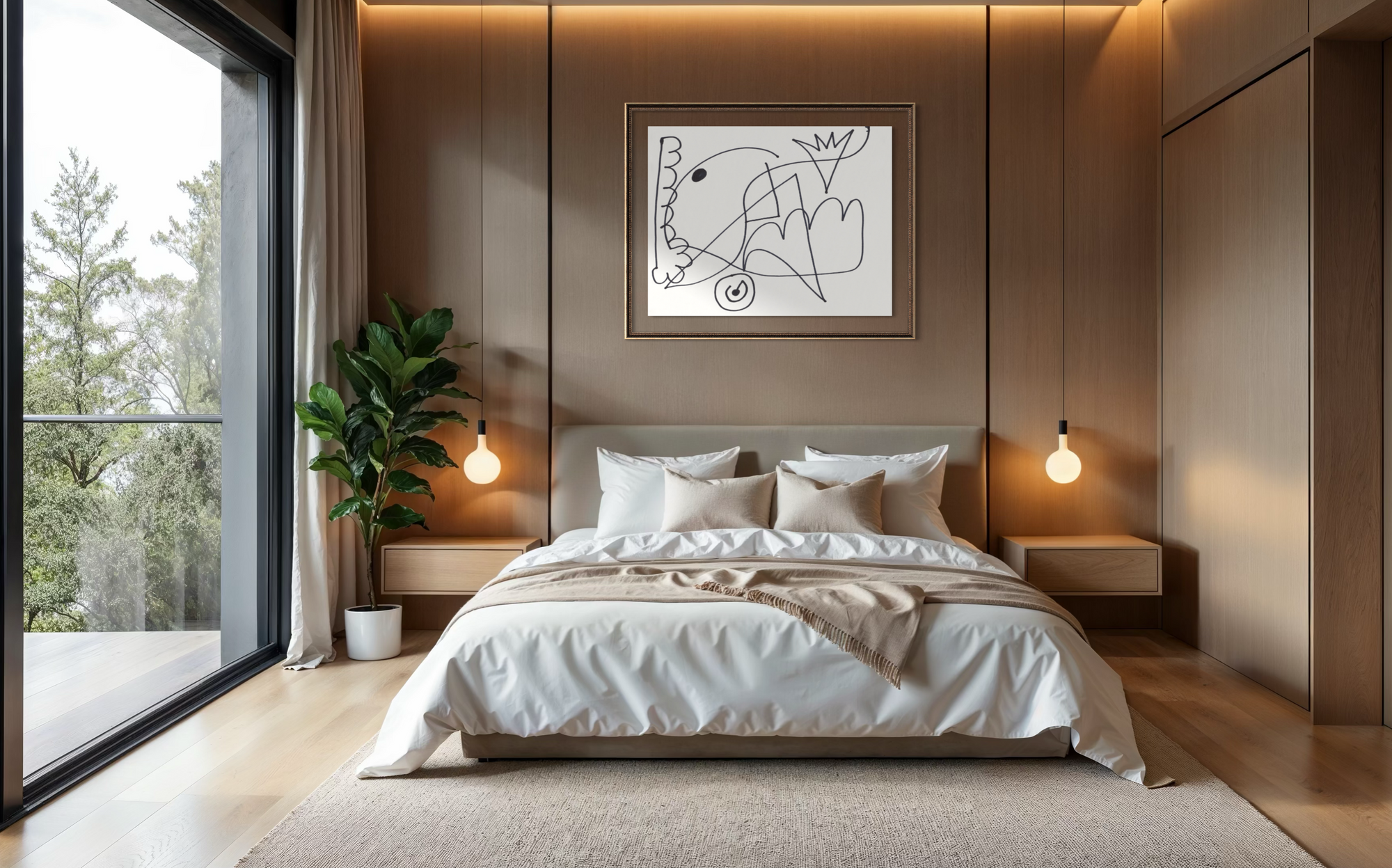 Abstract painting in a serene minimalist bedroom with hanging bedside lights and a plant by the glass door