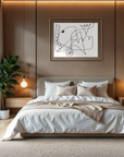 Abstract painting in a serene minimalist bedroom with hanging bedside lights and a plant by the glass door