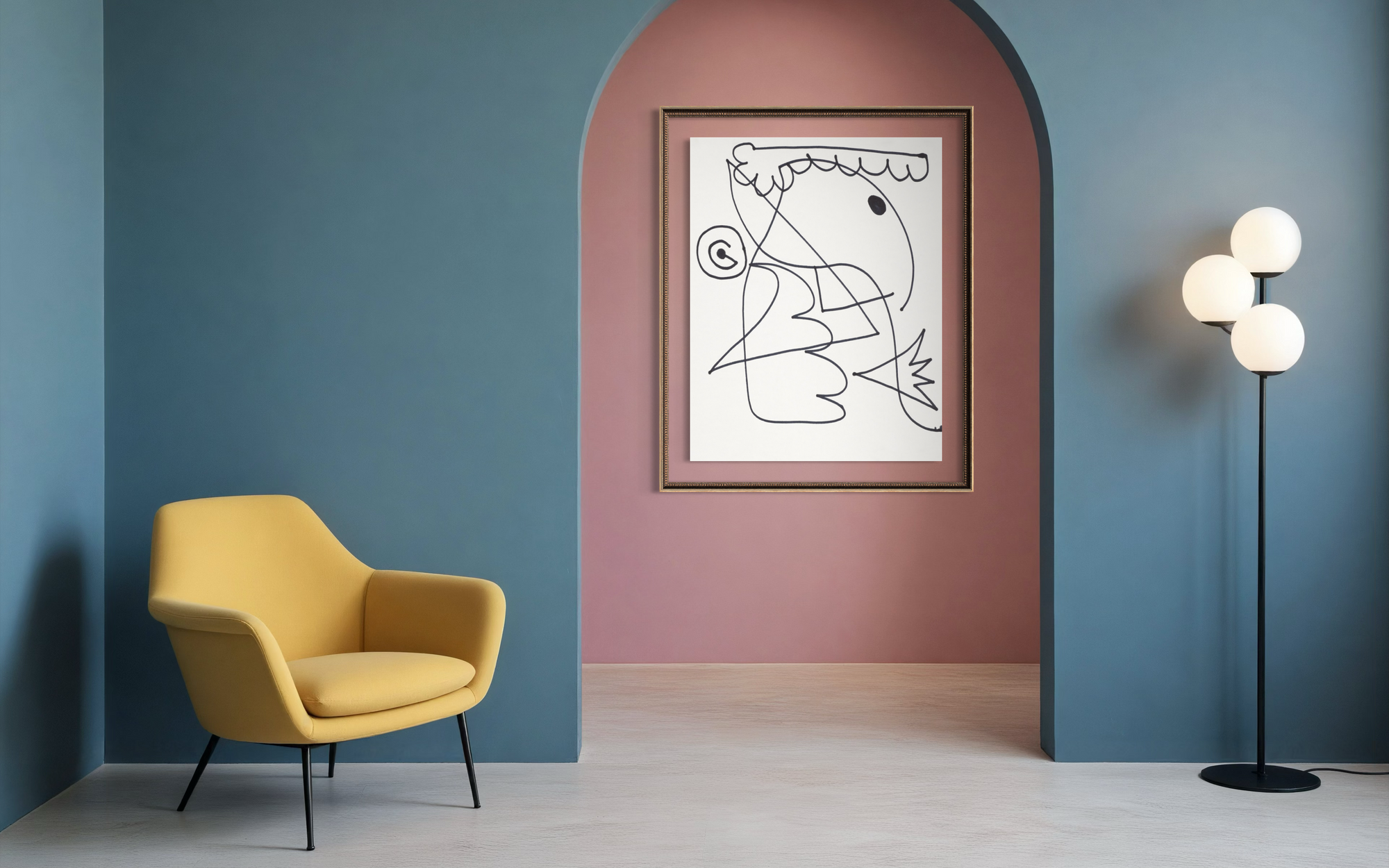 Colorful seating area with a yellow chair and lamp in a blue walled room.  Abstract wall art in back hallway with a pink wall