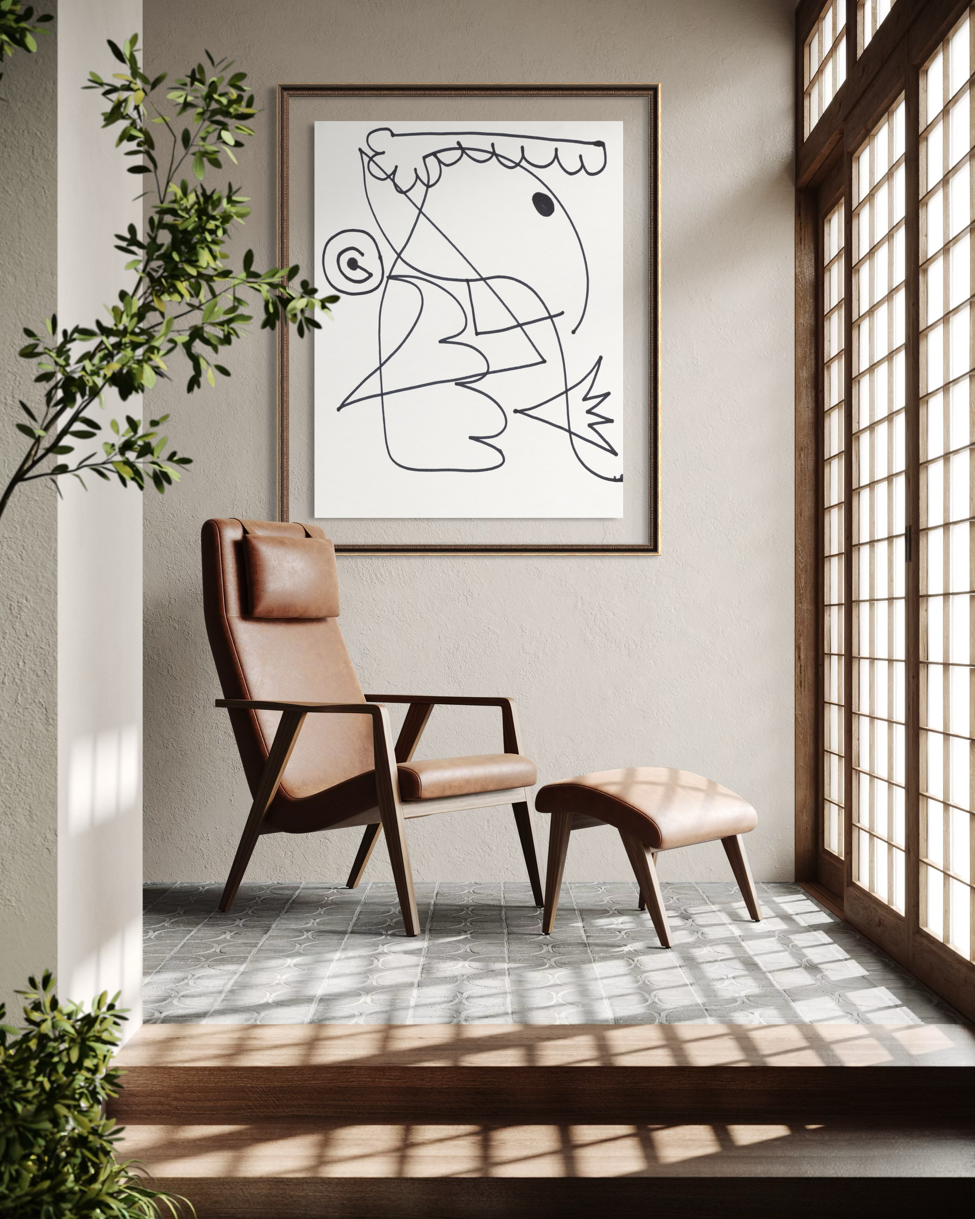 Brown leather chair with foot rest facing a sunny paneled sliding door with abstract artwork on wall