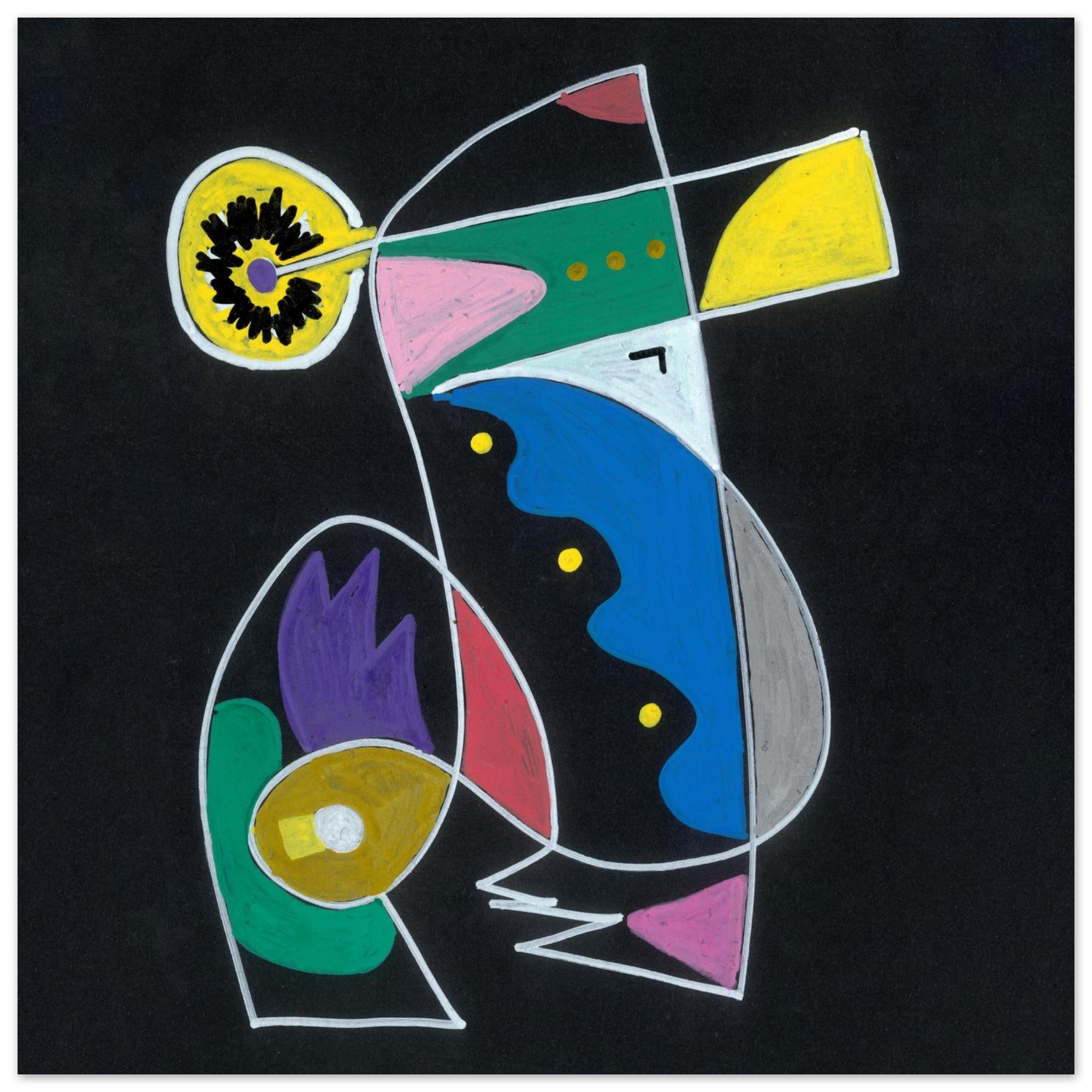 Abstract geometric artwork on a black background with overlapping shapes in yellow, green, blue, pink, purple, red, gray, and white outlined contours.