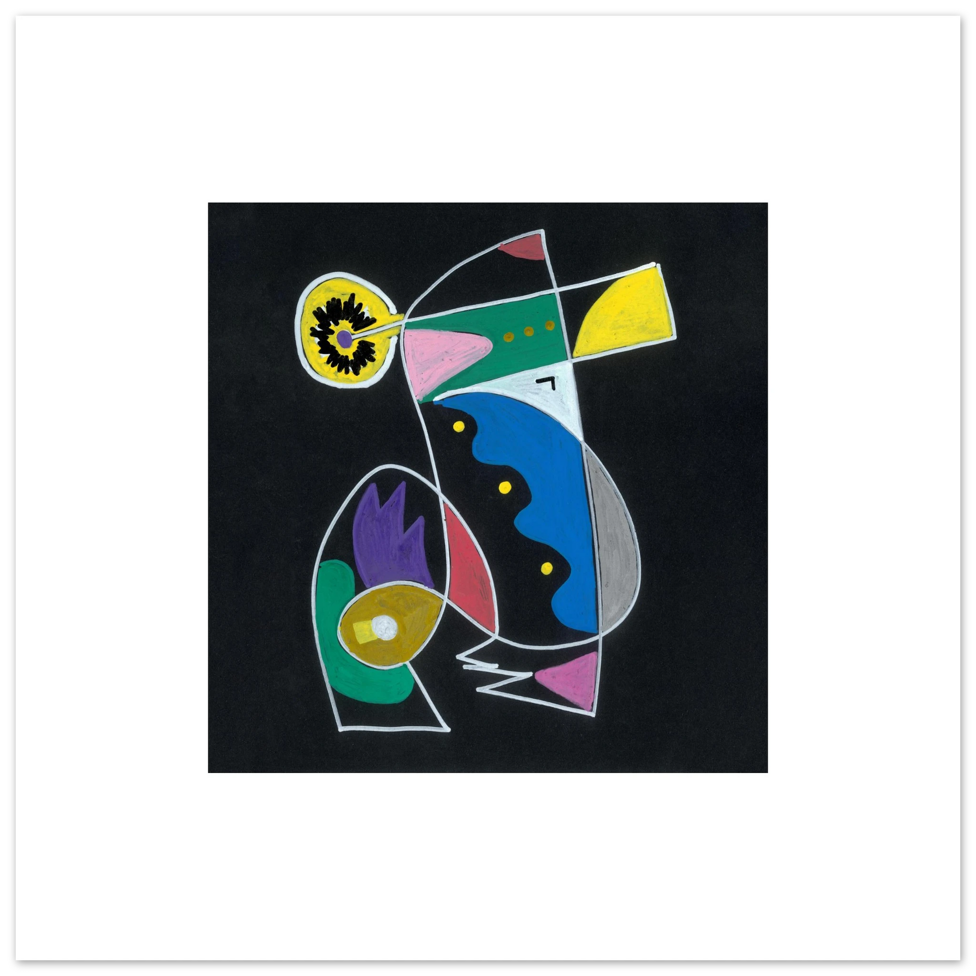 An abstract geometric art print featuring colorful shapes on a black square background, surrounded by a wide white border.