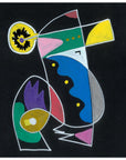 Abstract geometric artwork on a black background with overlapping shapes in yellow, green, blue, pink, purple, red, gray, and white outlined contours.