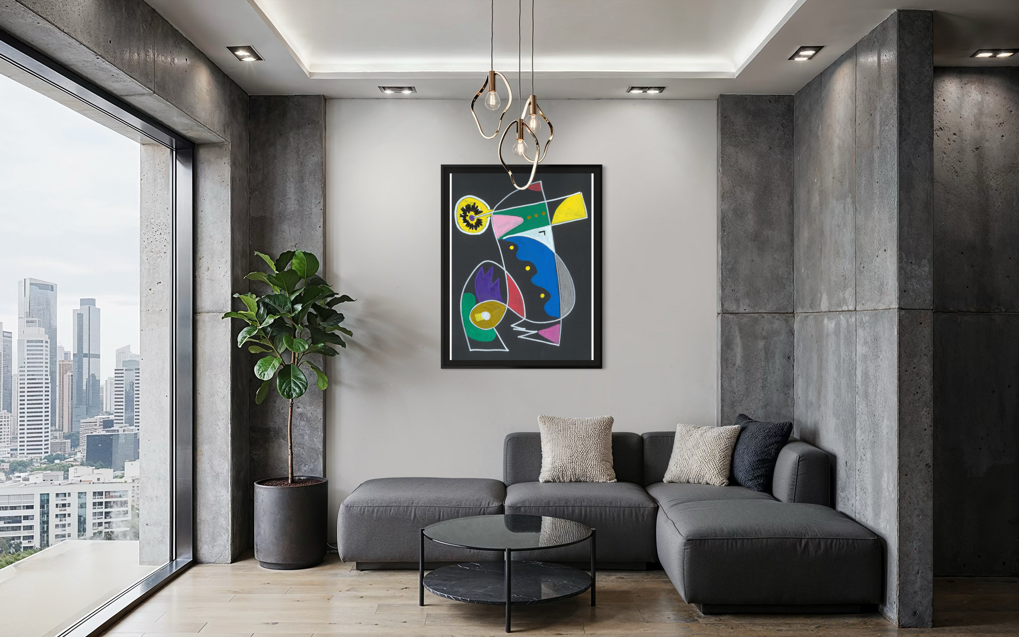 A colorful abstract geometric wall art print in a black frame hangs above a modern gray sectional sofa in a contemporary living room with concrete walls, a city view, and a potted plant.