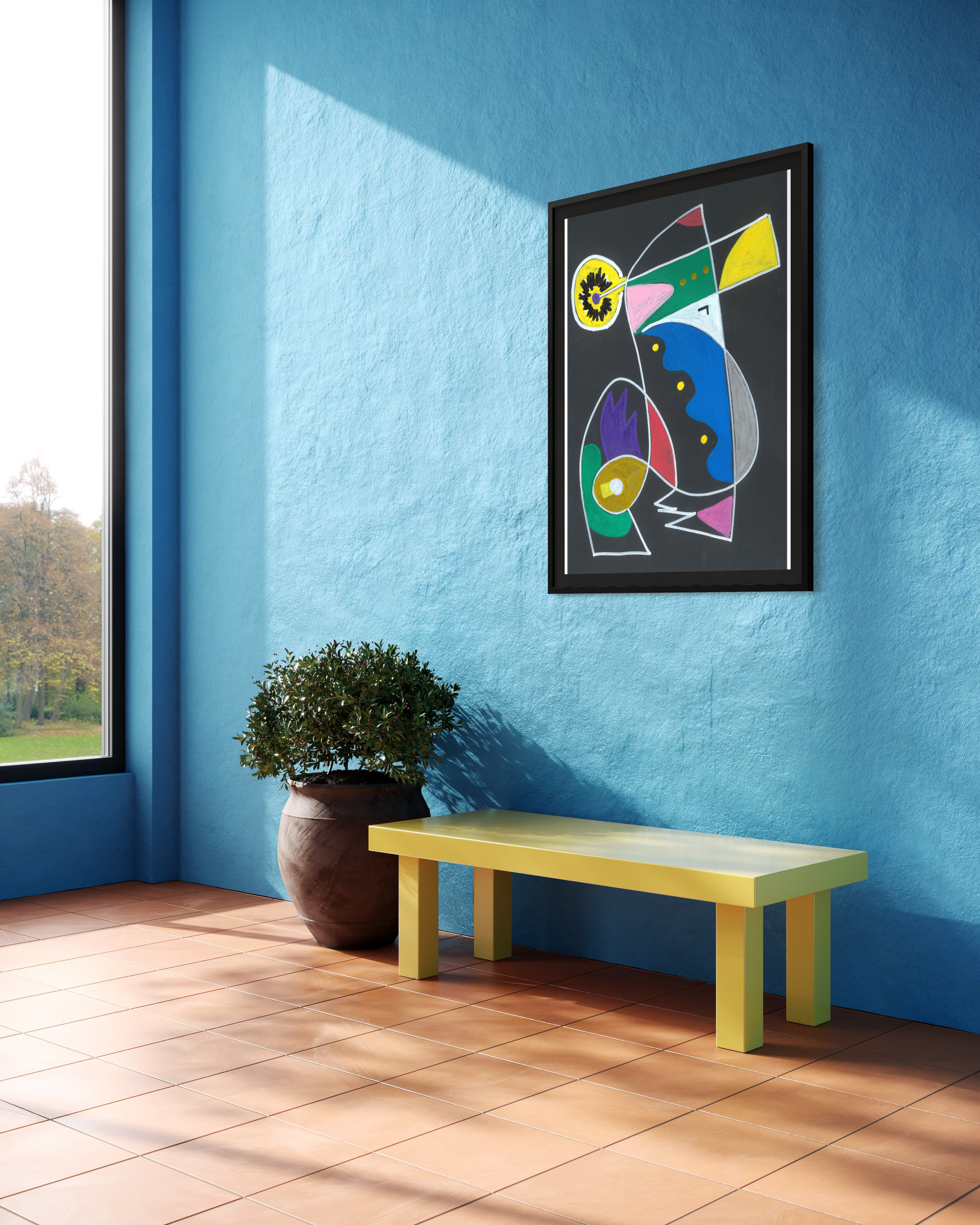 A framed abstract geometric art print hangs on a bright blue wall in a modern room setting with a yellow bench and a potted plant.