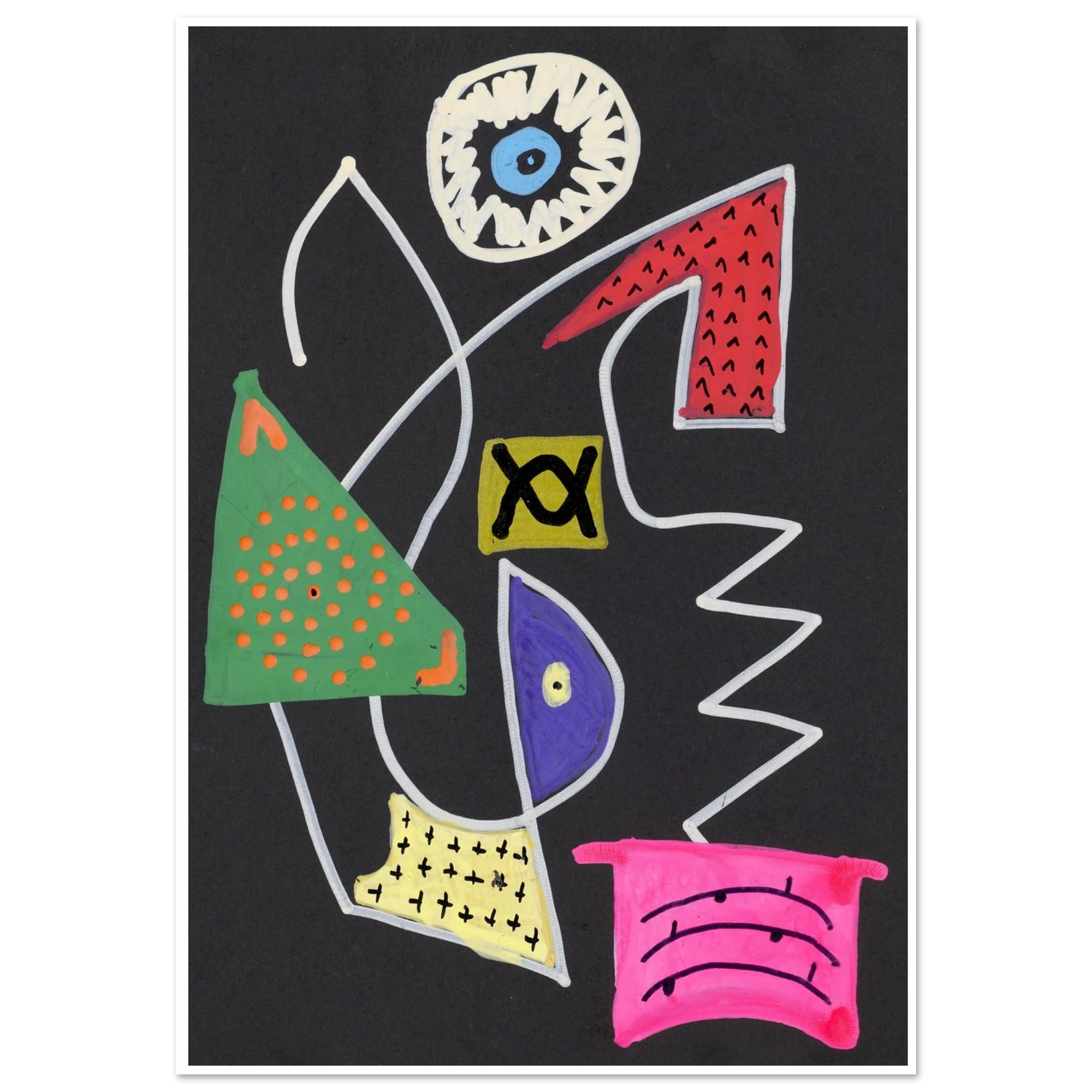 A colorful abstract art print featuring whimsical shapes like an eye, triangles, zigzags, and dotted patterns on a black background, presented with a white border.