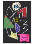 A colorful abstract art print featuring whimsical shapes like an eye, triangles, zigzags, and dotted patterns on a black background, presented with a white border.