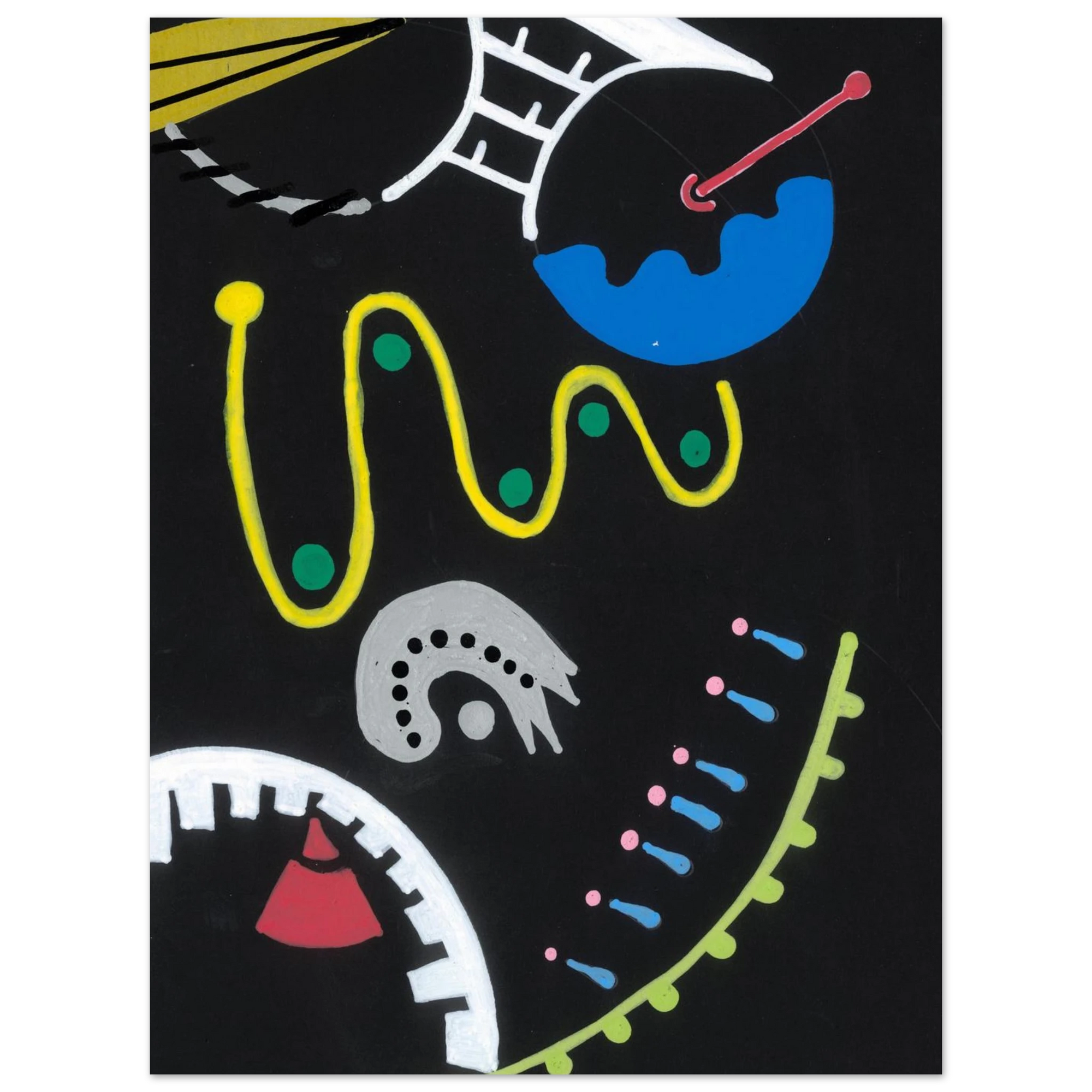 Abstract art piece with colorful shapes and lines on a black background