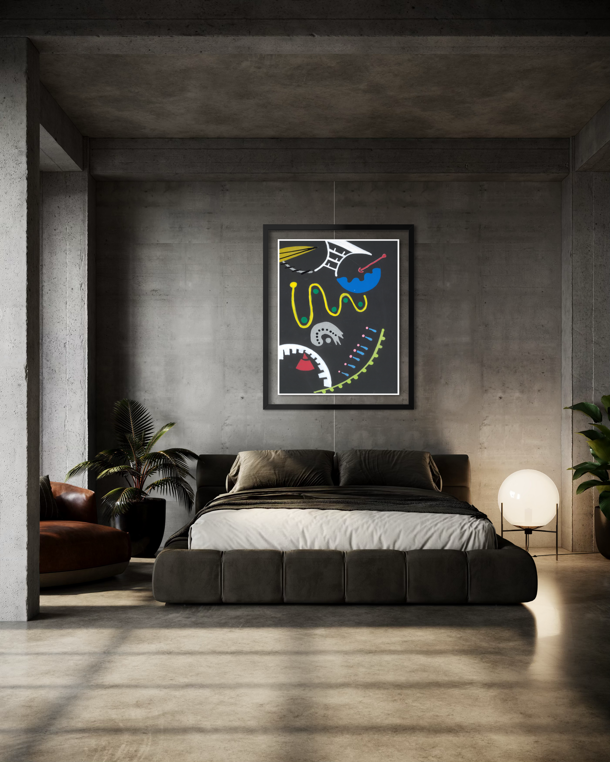 Modern bedroom with a bed, abstract wall art, and a lamp.