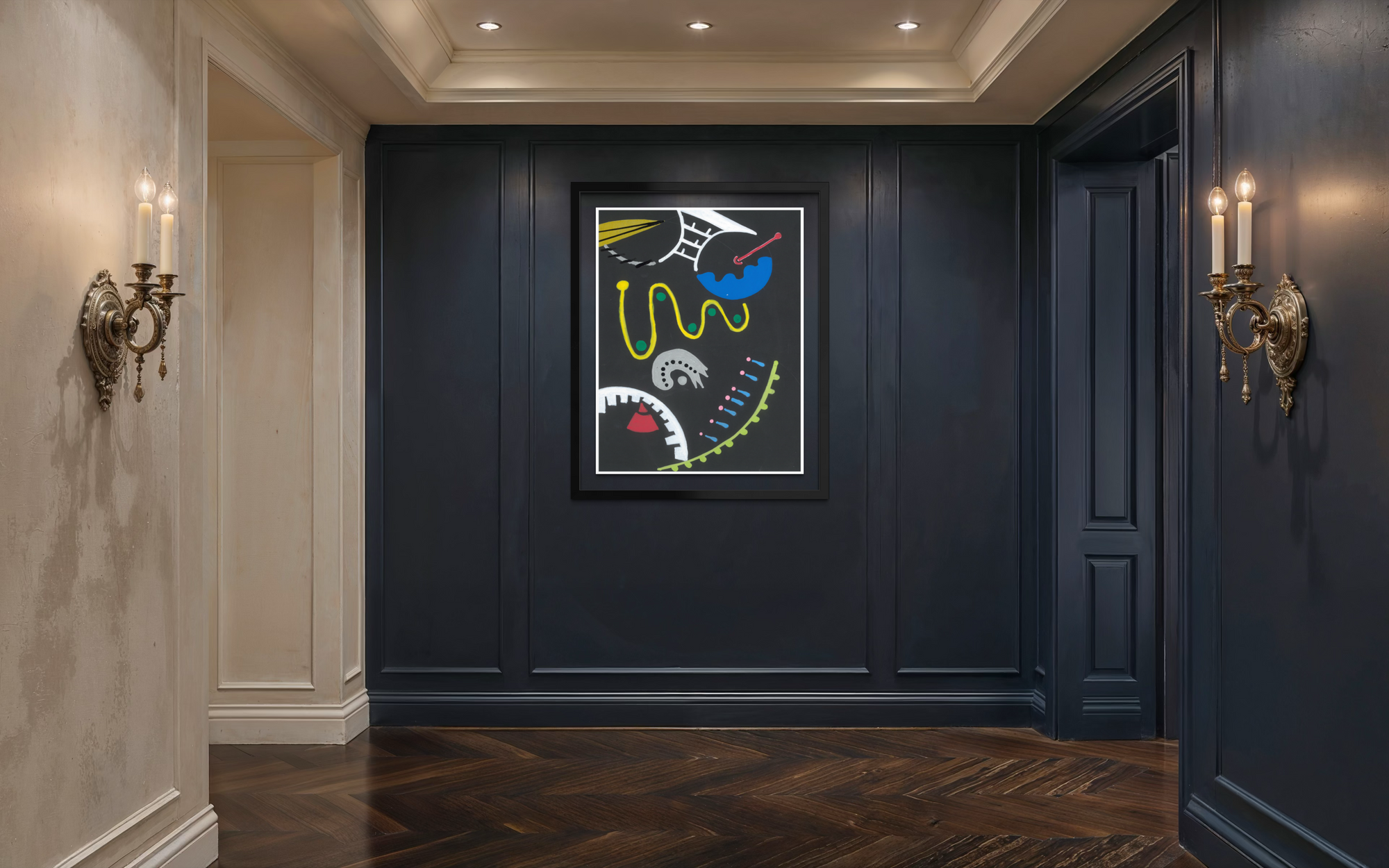 Modern artwork on a dark wall in a stylish hallway with decorative sconces.