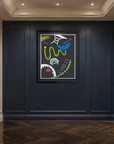 Modern artwork on a dark wall in a stylish hallway with decorative sconces.